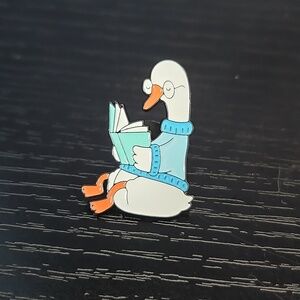 Reading Goose Enamel Pin — White & Blue Cute Duck with Book